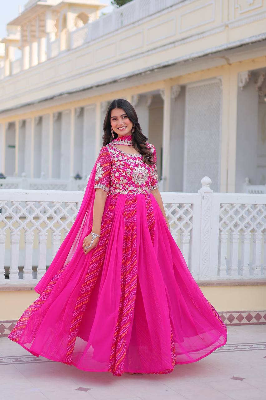 Pure Bandhej Faux Georgette Embroidered Gown Set With Dupatta
