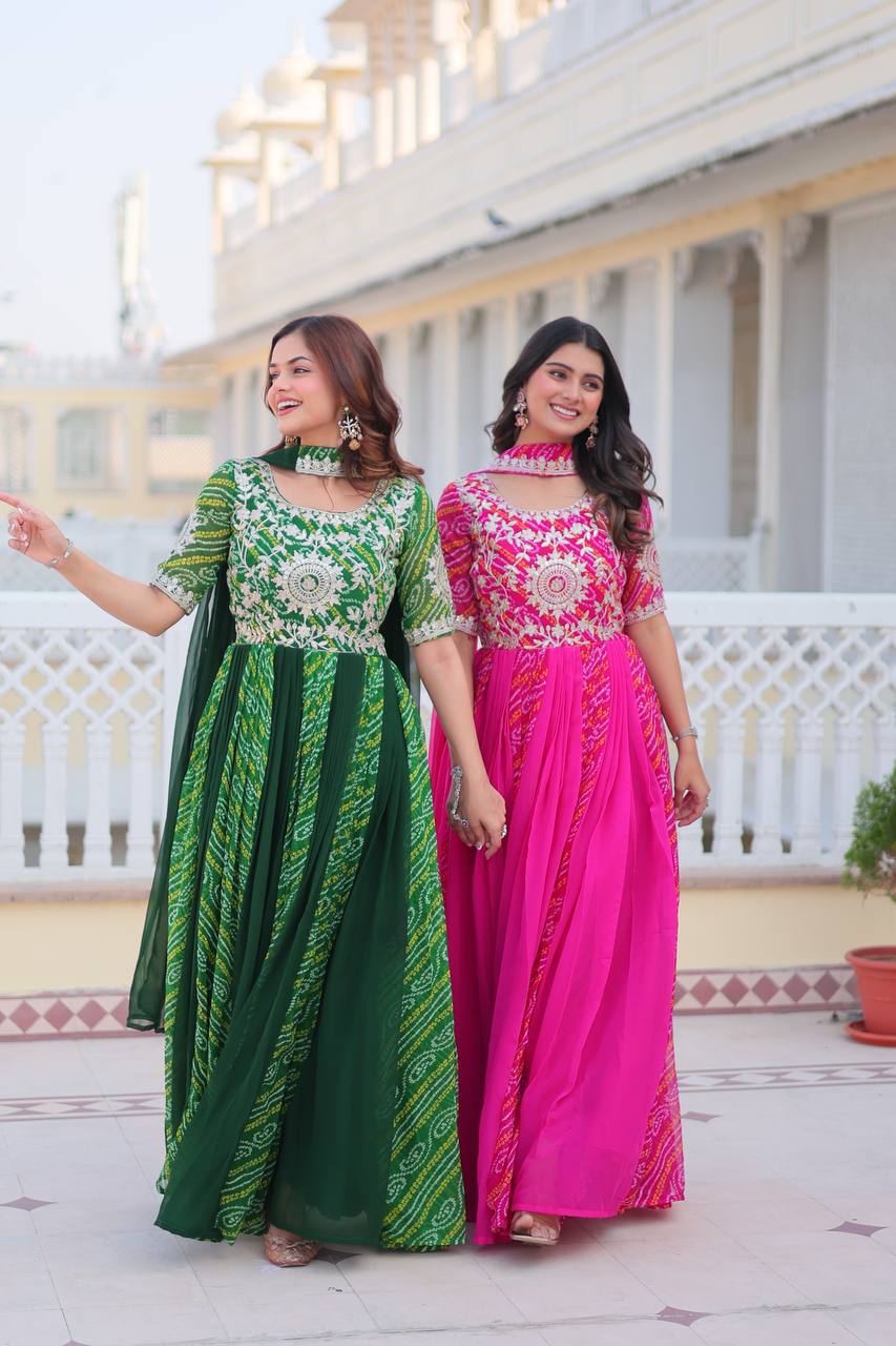 Pure Bandhej Faux Georgette Embroidered Gown Set With Dupatta