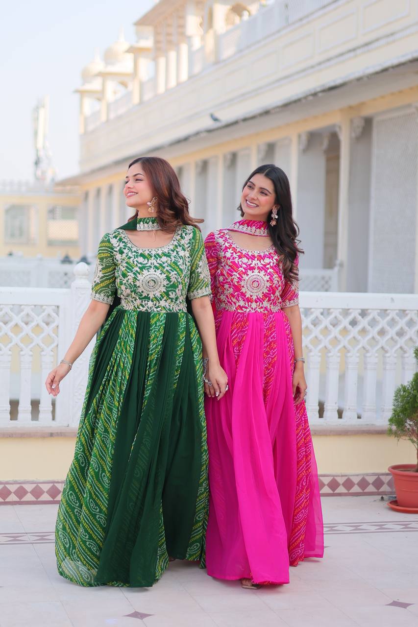 Pure Bandhej Faux Georgette Embroidered Gown Set With Dupatta