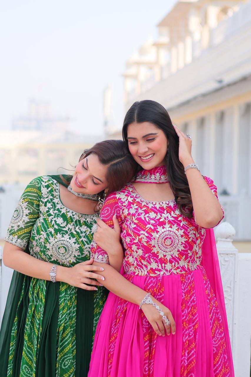 Pure Bandhej Faux Georgette Embroidered Gown Set With Dupatta