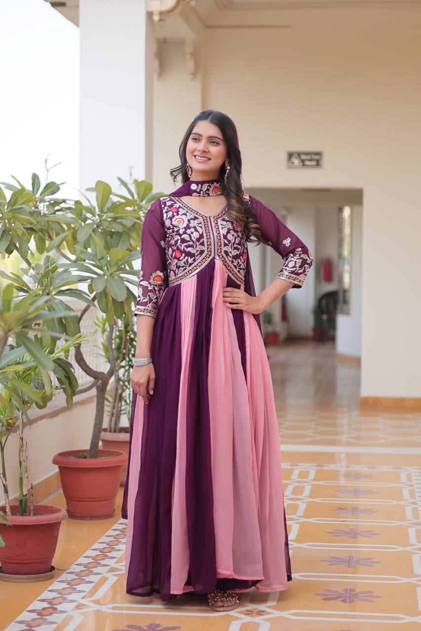 Spectacular Two Tone Faux Georgette Embroidered Gown With Dupatta