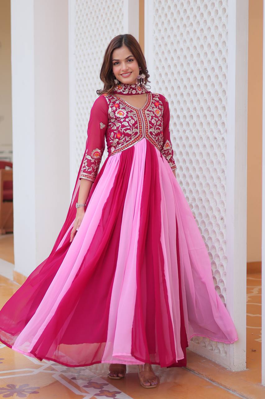 Spectacular Two Tone Faux Georgette Embroidered Gown With Dupatta