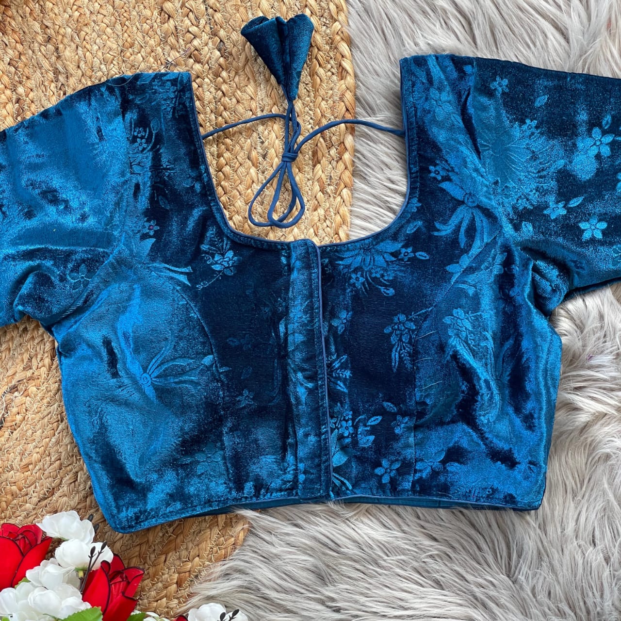 Stylish Velvet Emboss Unique Flower Touchup Stitched Blouse - INDIAN ELEGANCE