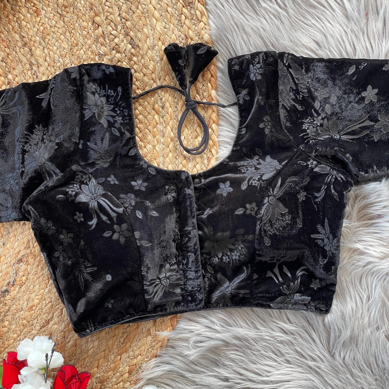 Stylish Velvet Emboss Unique Flower Touchup Stitched Blouse - INDIAN ELEGANCE