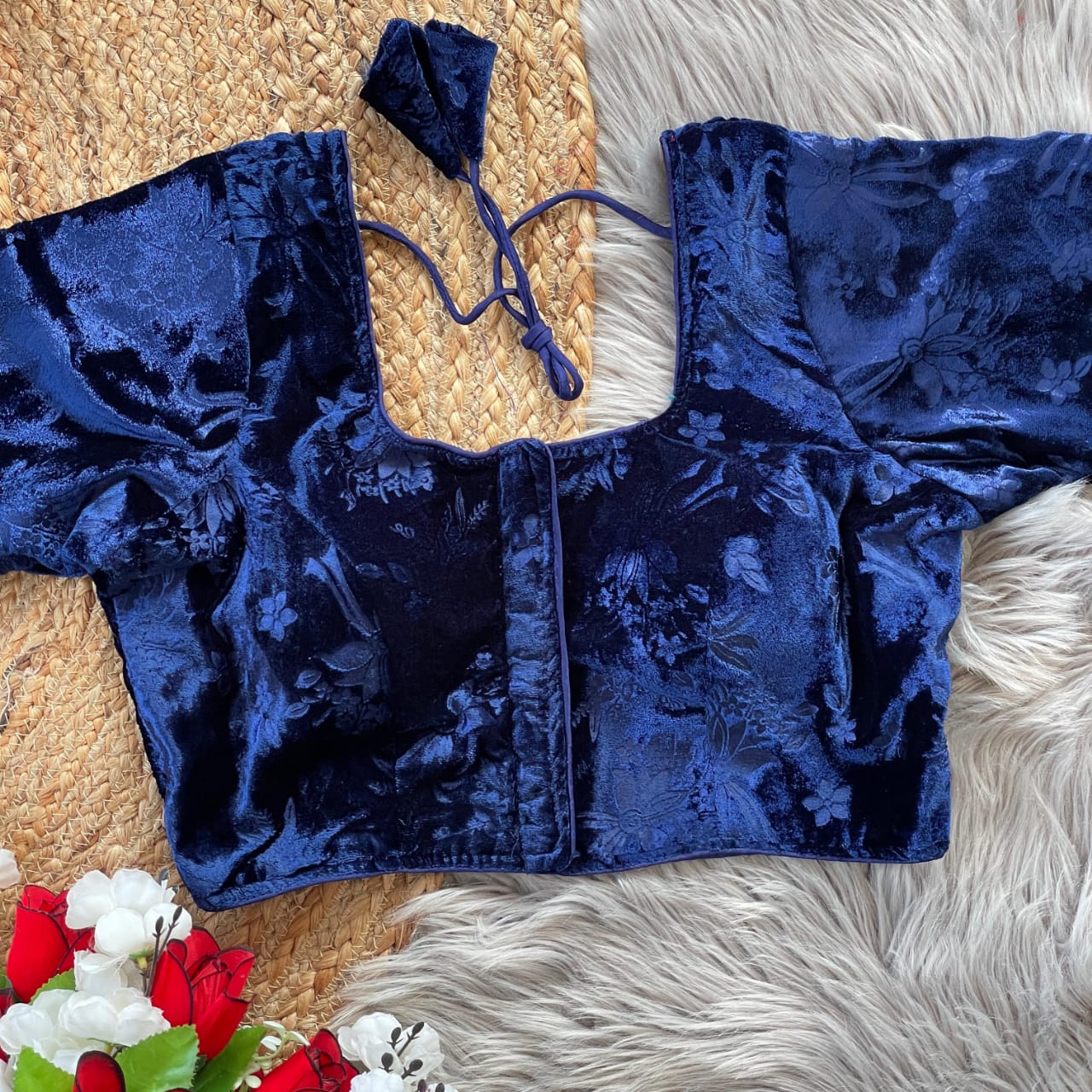 Stylish Velvet Emboss Unique Flower Touchup Stitched Blouse - INDIAN ELEGANCE