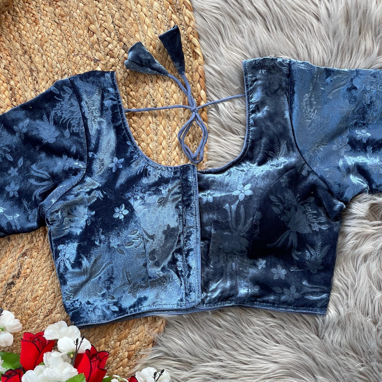 Stylish Velvet Emboss Unique Flower Touchup Stitched Blouse - INDIAN ELEGANCE