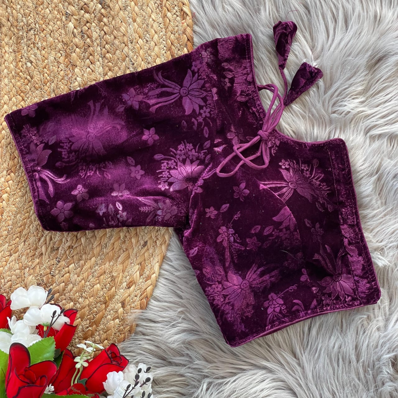 Stylish Velvet Emboss Unique Flower Touchup Stitched Blouse - INDIAN ELEGANCE