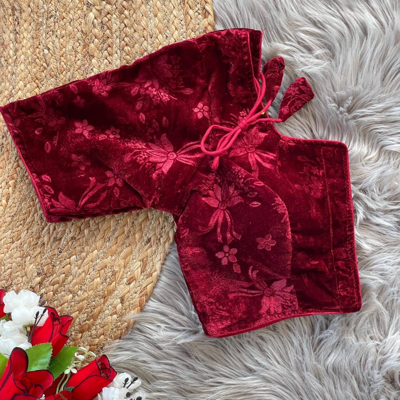 Stylish Velvet Emboss Unique Flower Touchup Stitched Blouse - INDIAN ELEGANCE
