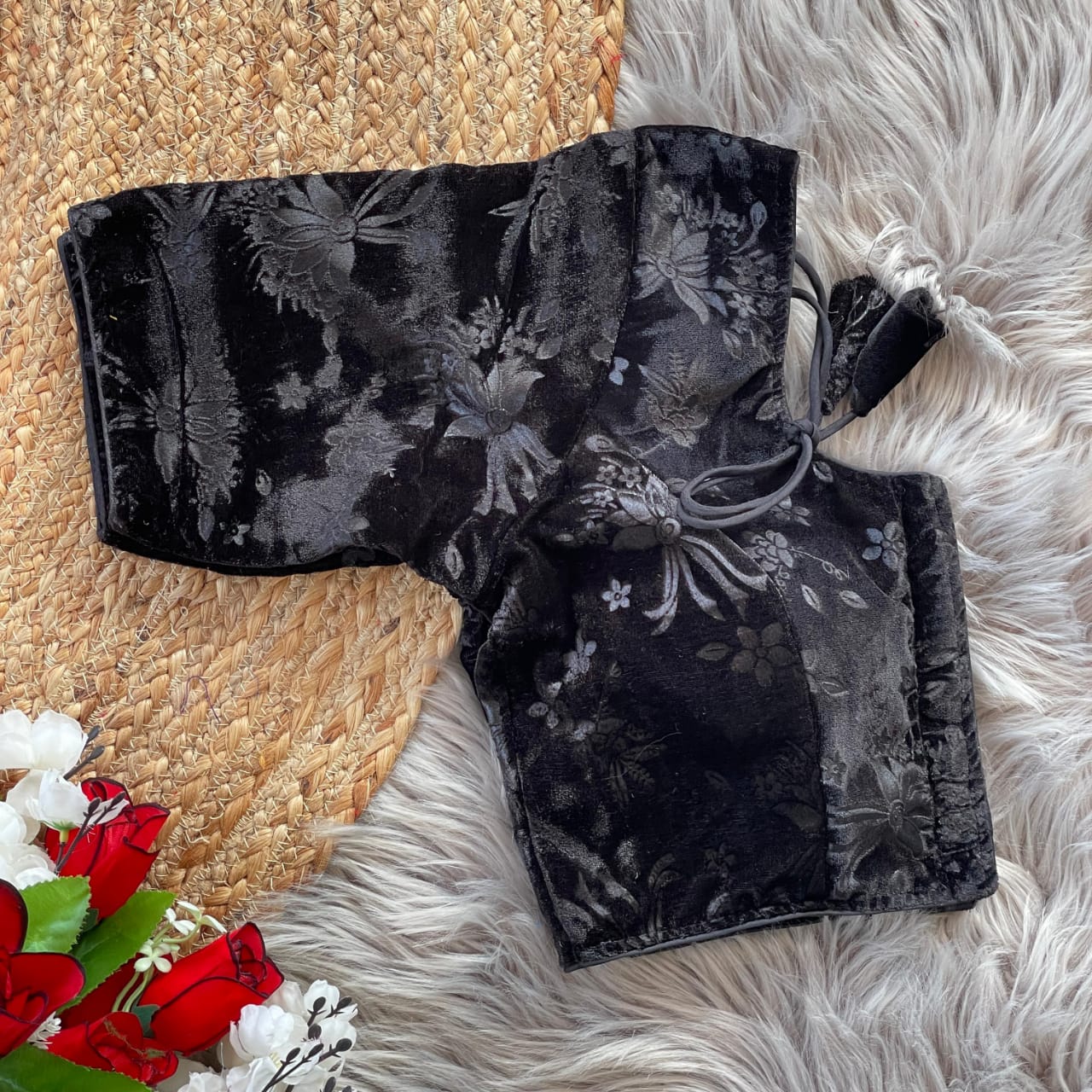 Stylish Velvet Emboss Unique Flower Touchup Stitched Blouse - INDIAN ELEGANCE