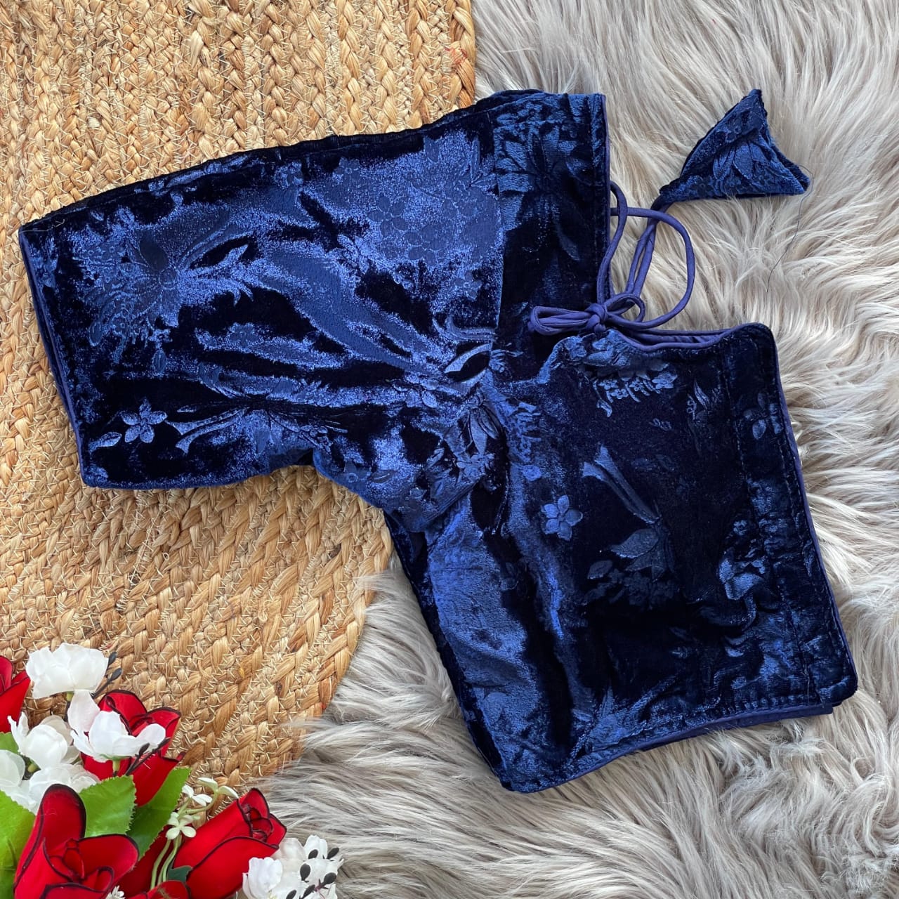 Stylish Velvet Emboss Unique Flower Touchup Stitched Blouse - INDIAN ELEGANCE