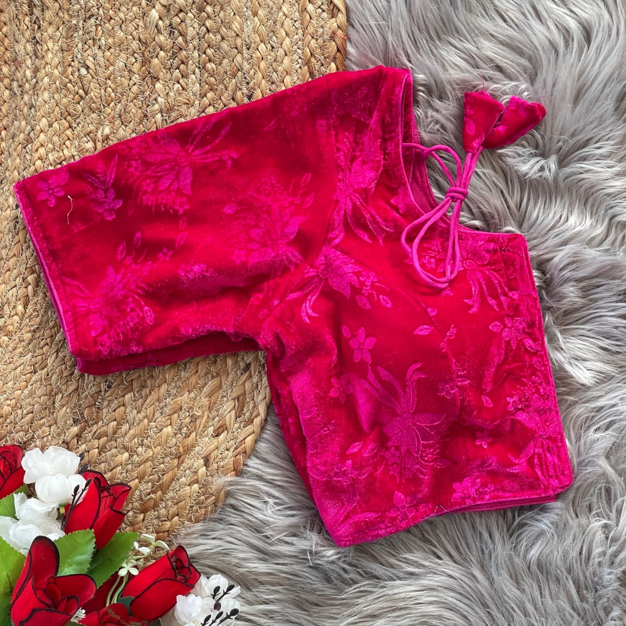 Stylish Velvet Emboss Unique Flower Touchup Stitched Blouse - INDIAN ELEGANCE