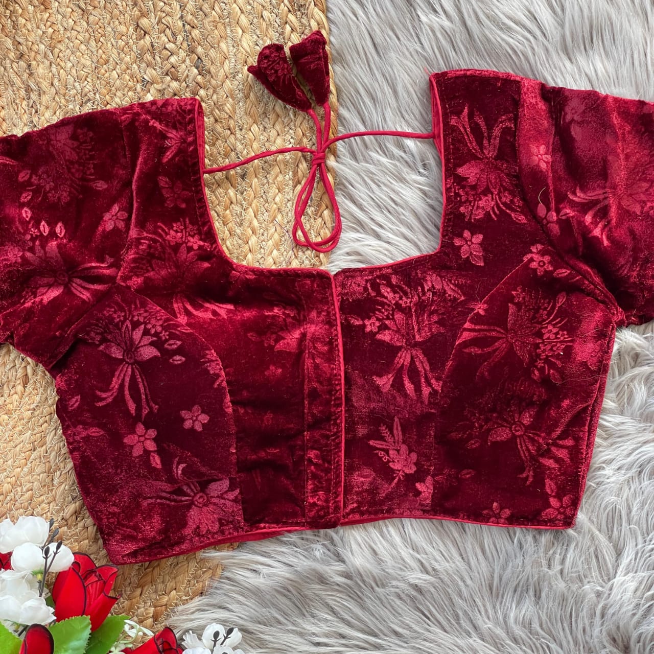 Stylish Velvet Emboss Unique Flower Touchup Stitched Blouse - INDIAN ELEGANCE