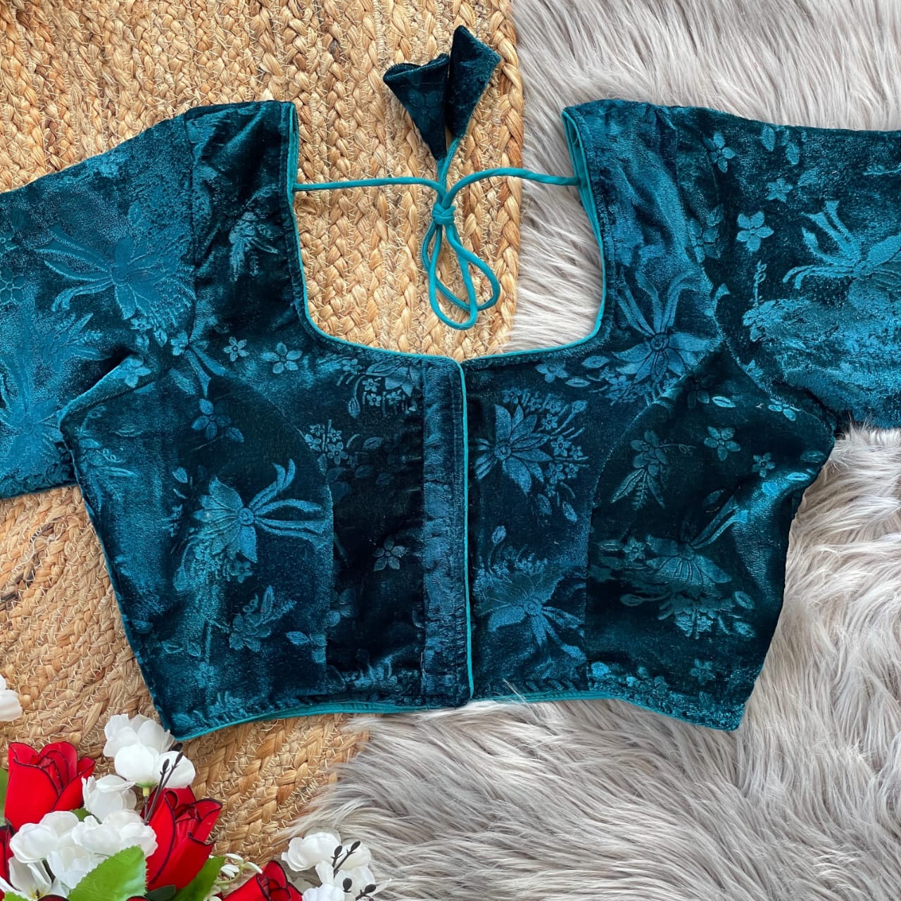 Stylish Velvet Emboss Unique Flower Touchup Stitched Blouse - INDIAN ELEGANCE