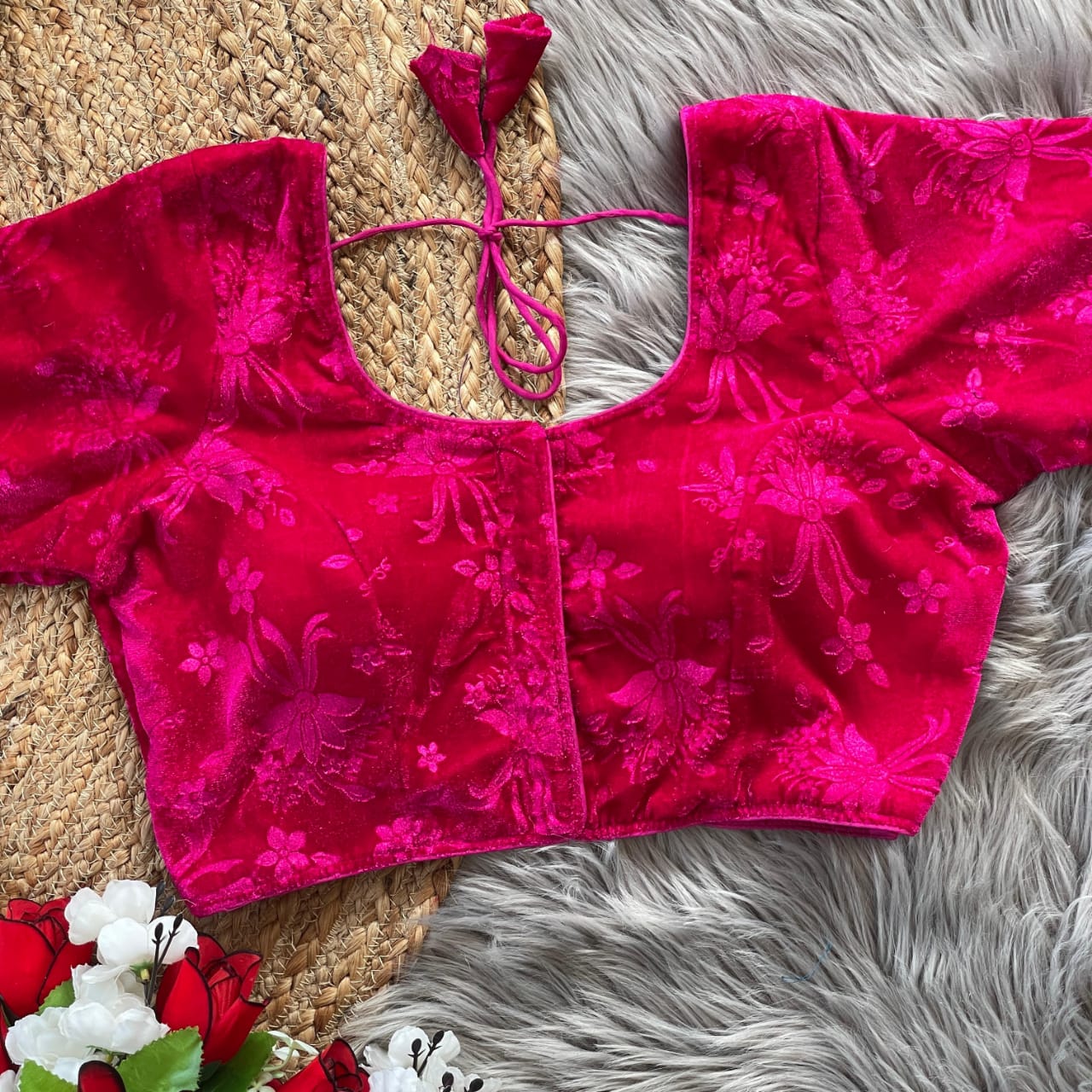 Stylish Velvet Emboss Unique Flower Touchup Stitched Blouse - INDIAN ELEGANCE