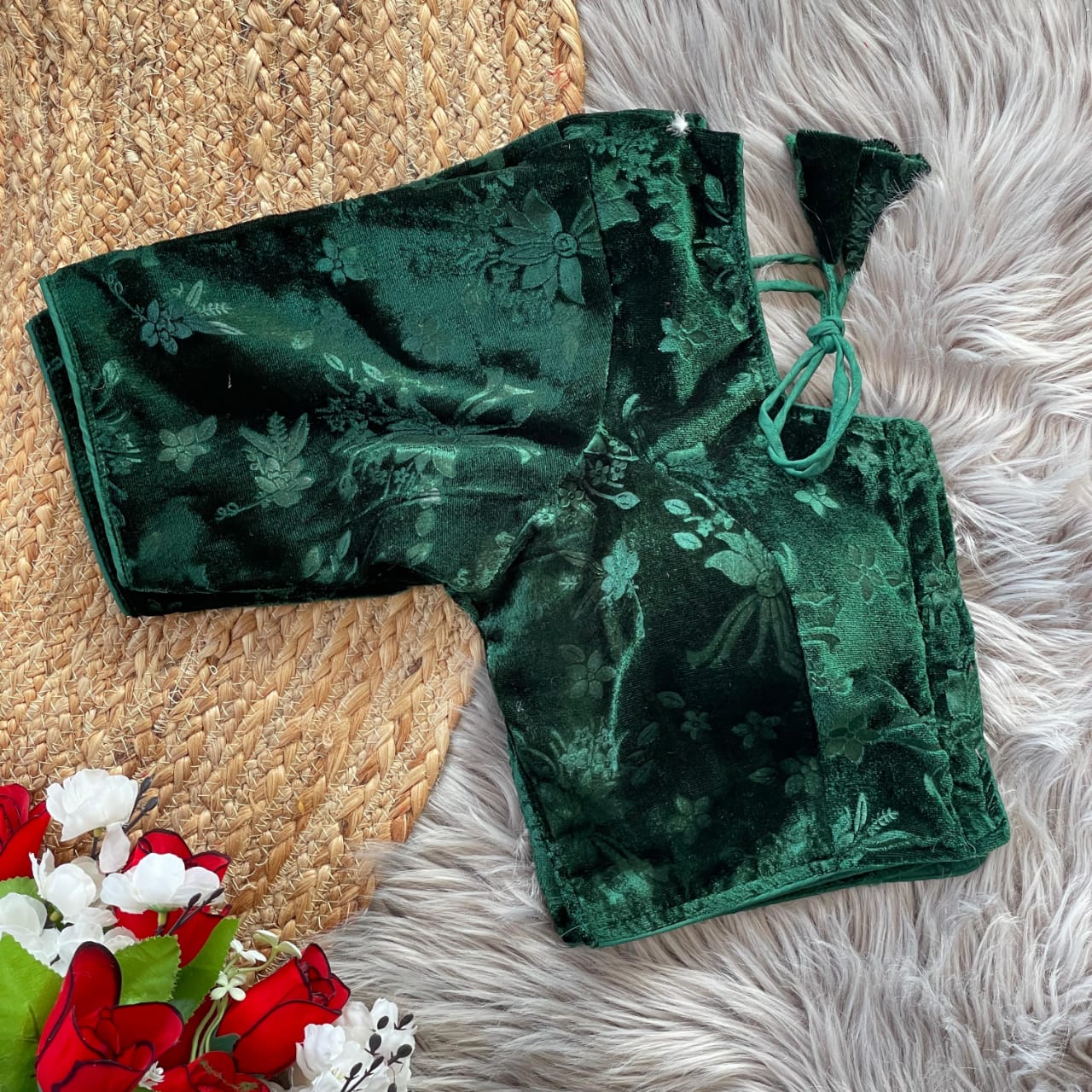 Stylish Velvet Emboss Unique Flower Touchup Stitched Blouse - INDIAN ELEGANCE