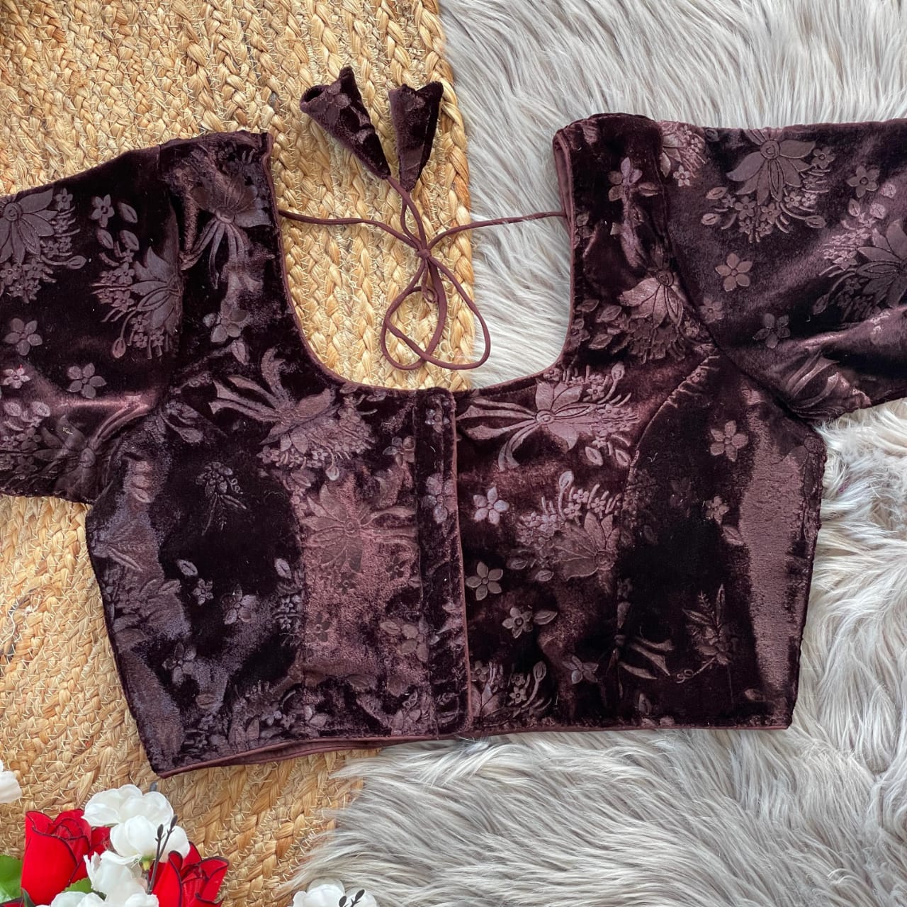 Stylish Velvet Emboss Unique Flower Touchup Stitched Blouse - INDIAN ELEGANCE