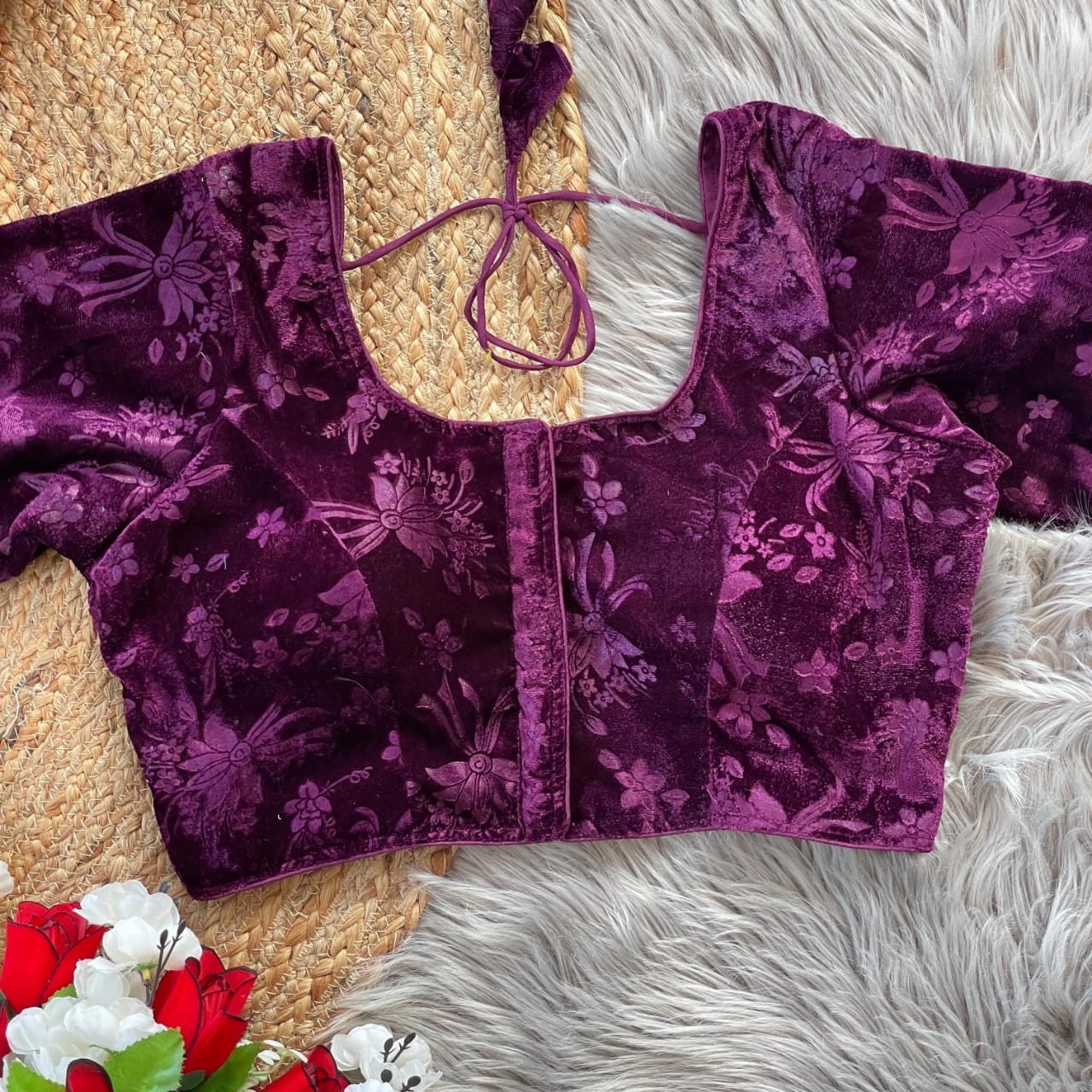 Stylish Velvet Emboss Unique Flower Touchup Stitched Blouse - INDIAN ELEGANCE