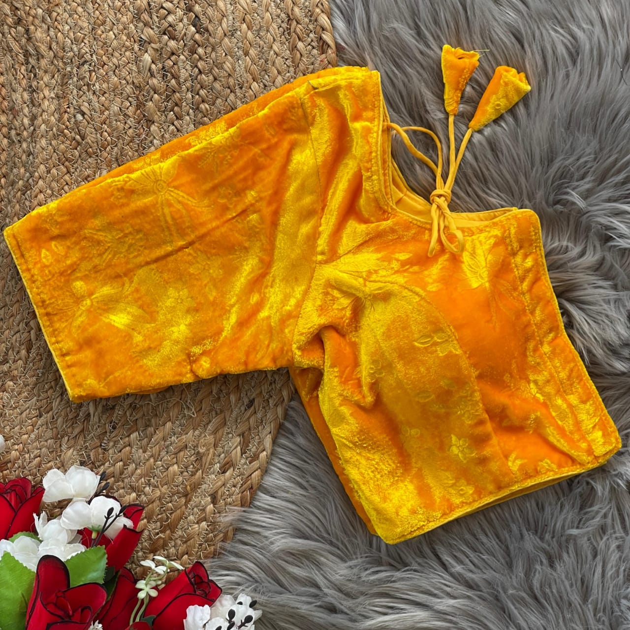 Stylish Velvet Emboss Unique Flower Touchup Stitched Blouse - INDIAN ELEGANCE