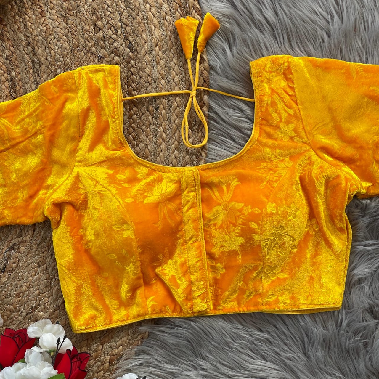 Stylish Velvet Emboss Unique Flower Touchup Stitched Blouse - INDIAN ELEGANCE