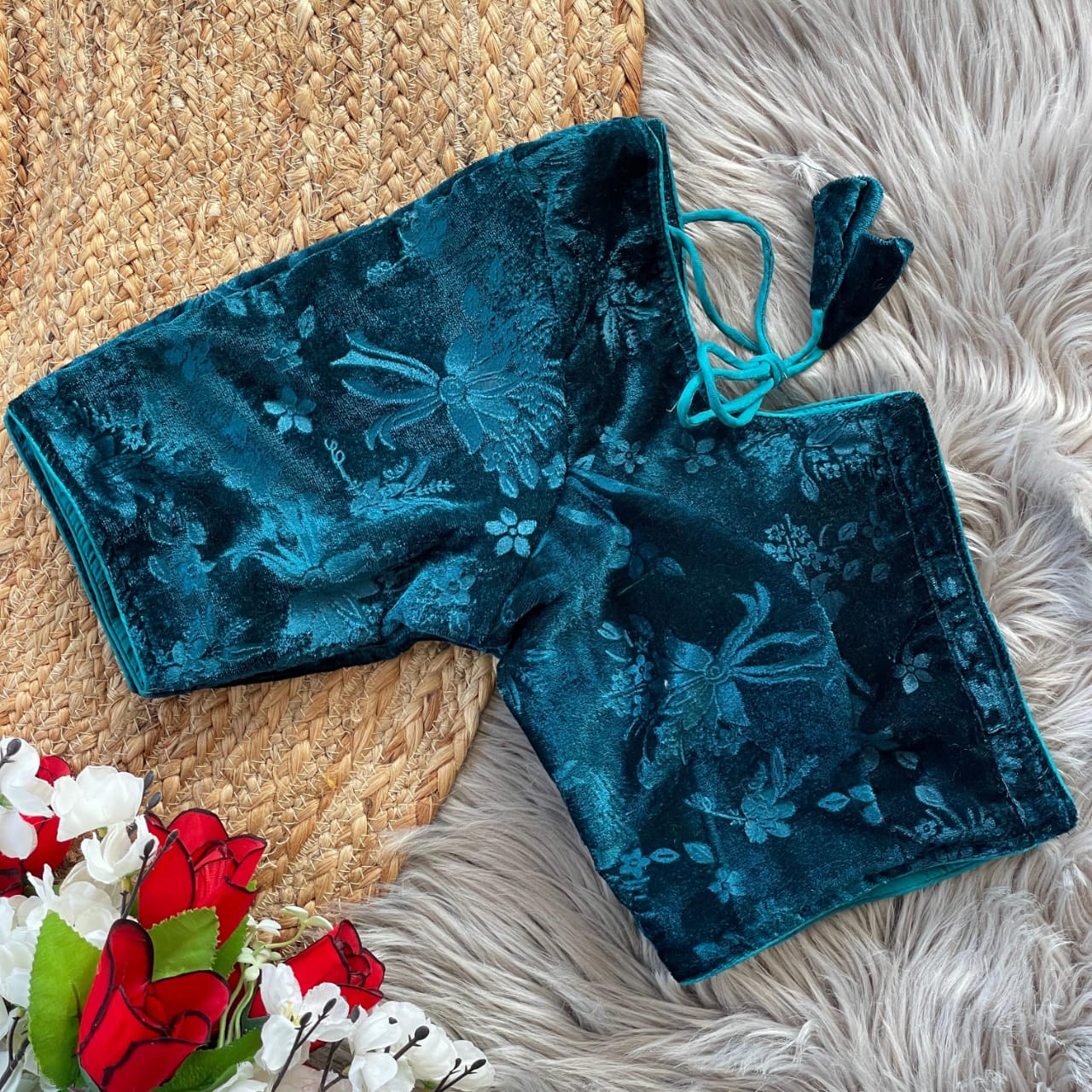 Stylish Velvet Emboss Unique Flower Touchup Stitched Blouse - INDIAN ELEGANCE