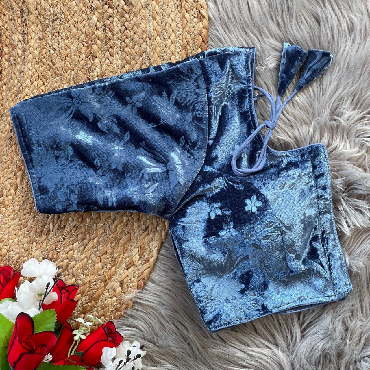 Stylish Velvet Emboss Unique Flower Touchup Stitched Blouse - INDIAN ELEGANCE