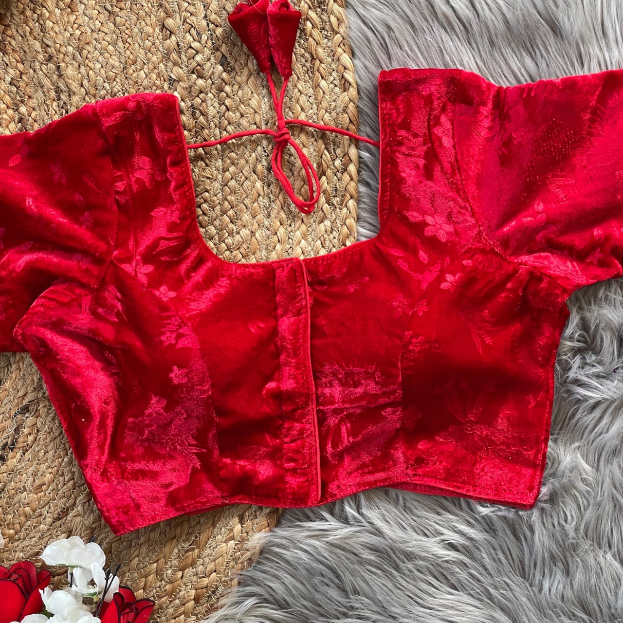 Stylish Velvet Emboss Unique Flower Touchup Stitched Blouse - INDIAN ELEGANCE