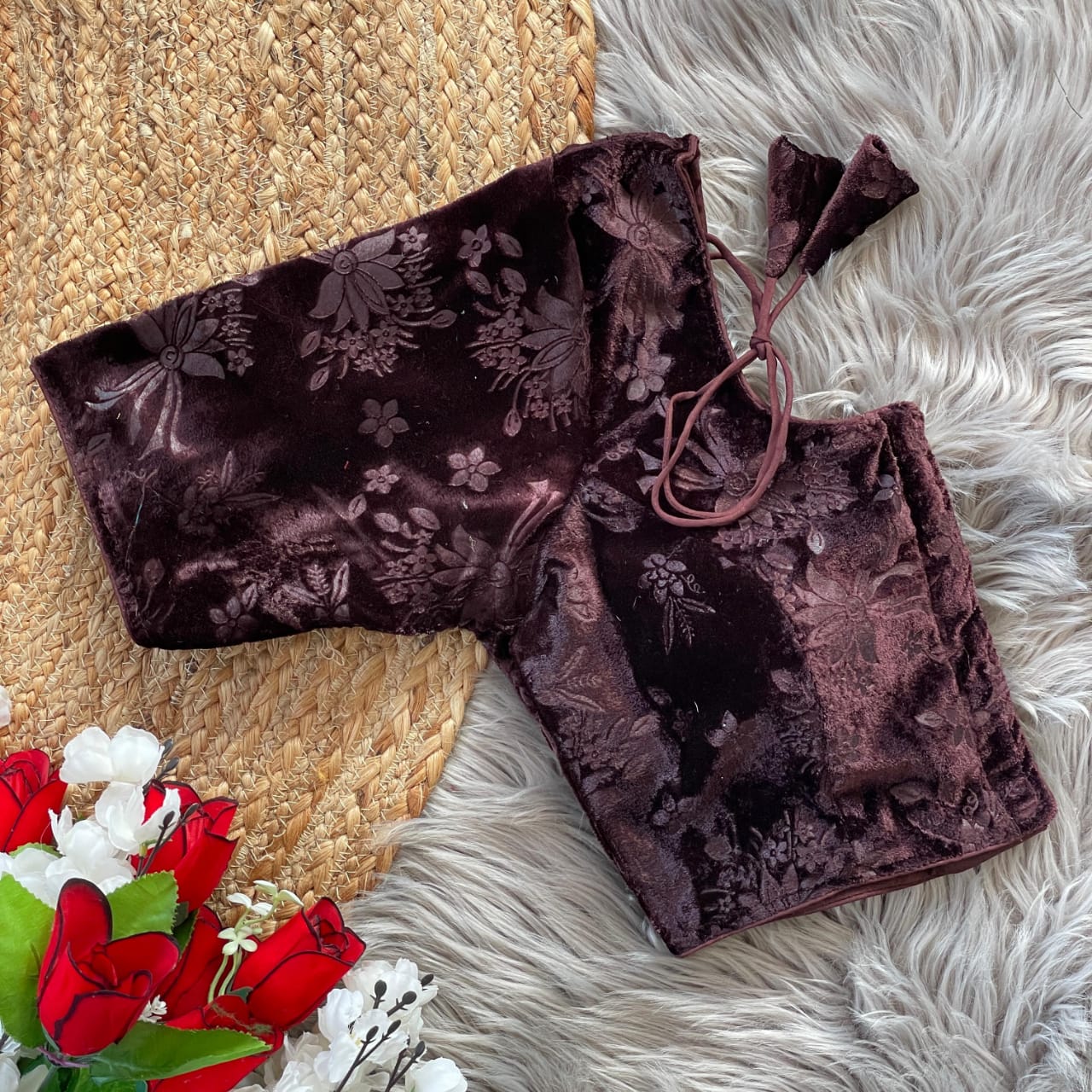 Stylish Velvet Emboss Unique Flower Touchup Stitched Blouse - INDIAN ELEGANCE