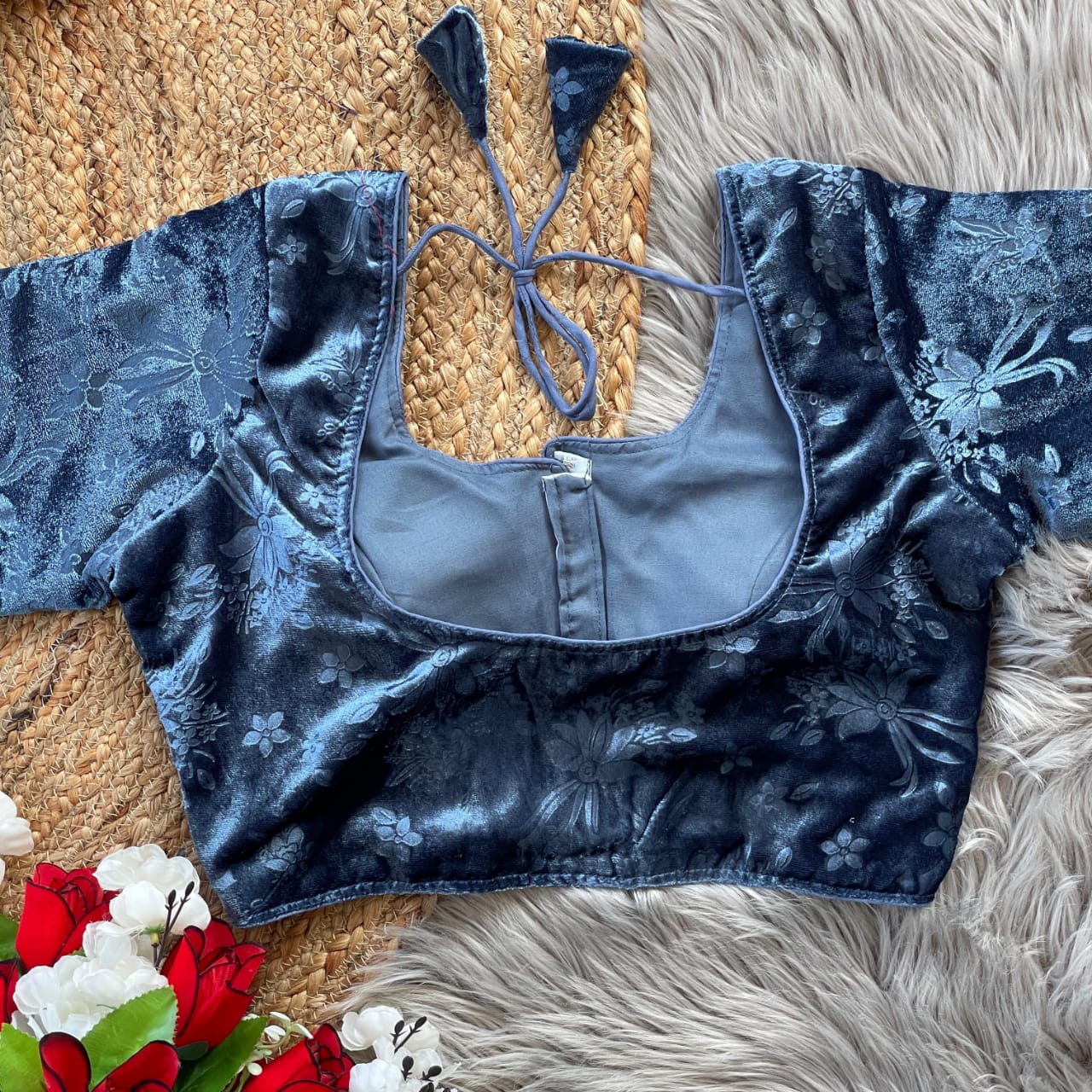 Stylish Velvet Emboss Unique Flower Touchup Stitched Blouse - INDIAN ELEGANCE