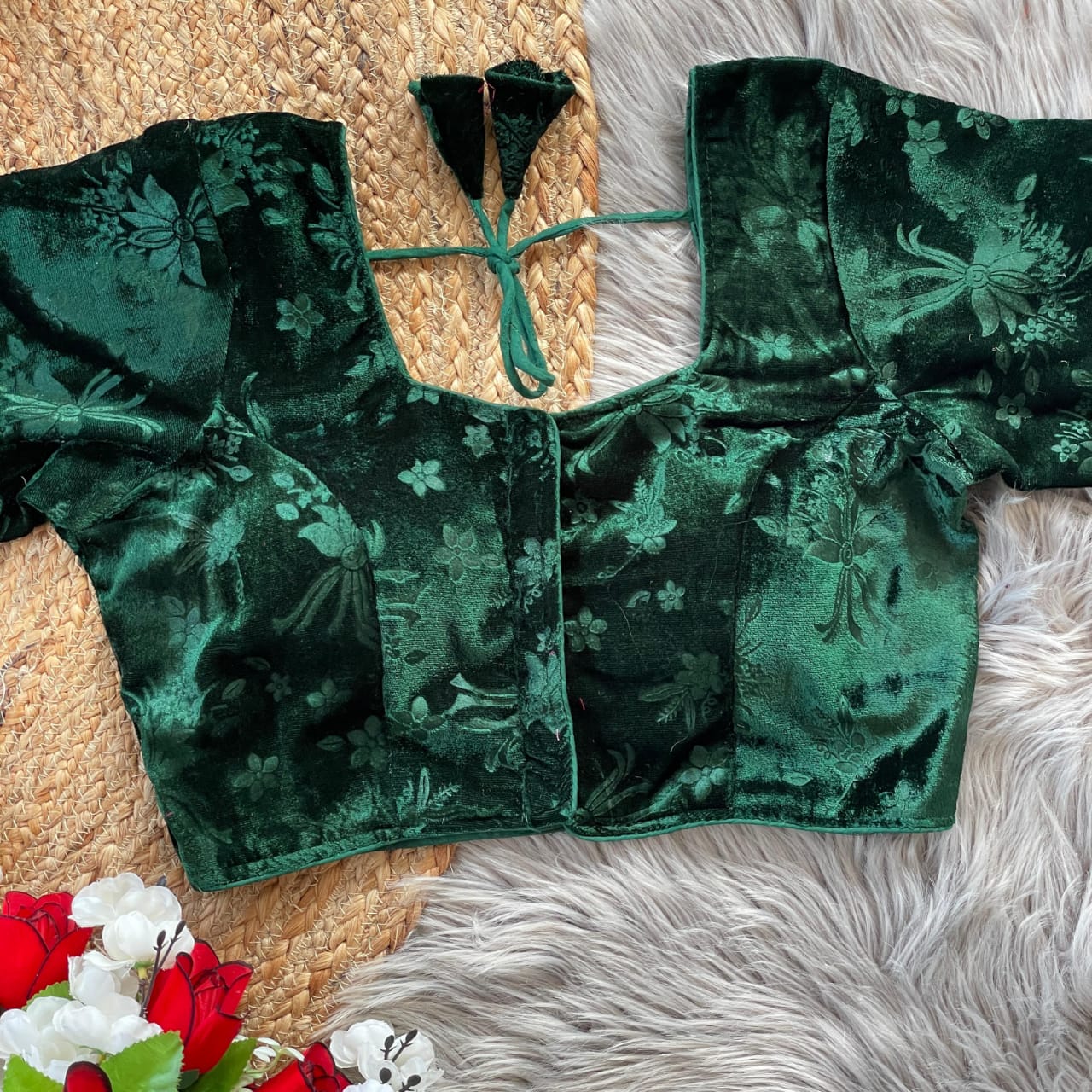 Stylish Velvet Emboss Unique Flower Touchup Stitched Blouse - INDIAN ELEGANCE