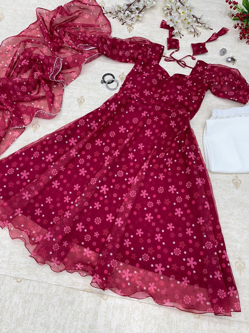 Rani Pink Colored Floral Digital Printed Georgette Silk Suit - INDIAN ELEGANCE