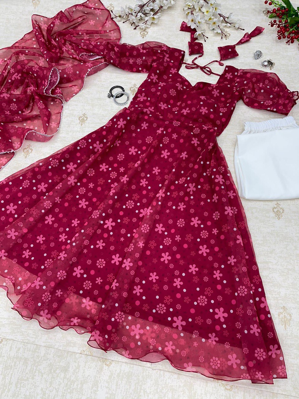 Rani Pink Colored Floral Digital Printed Georgette Silk Suit - INDIAN ELEGANCE