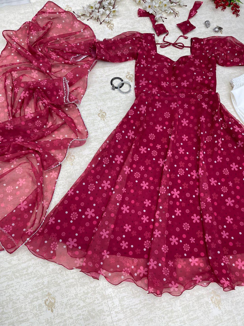 Rani Pink Colored Floral Digital Printed Georgette Silk Suit - INDIAN ELEGANCE