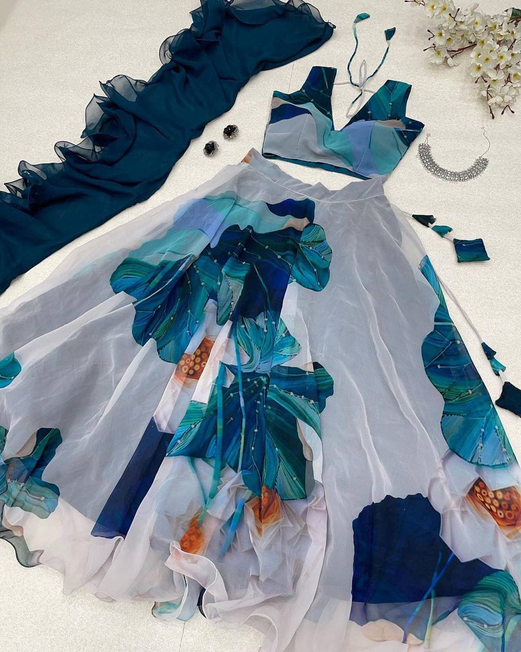 Radiant Gray Pure Georgette Floral Digital Printed Lehenga Choli Set - INDIAN ELEGANCE