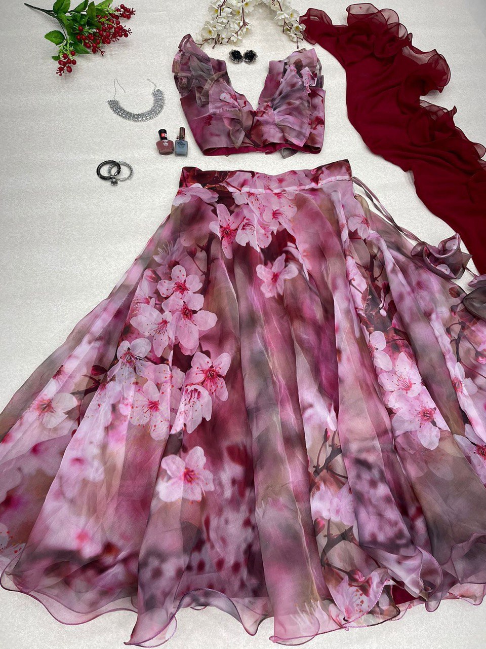 Spellbinding Wine Organza Silk Floral Digital Printed Lehenga Choli - INDIAN ELEGANCE