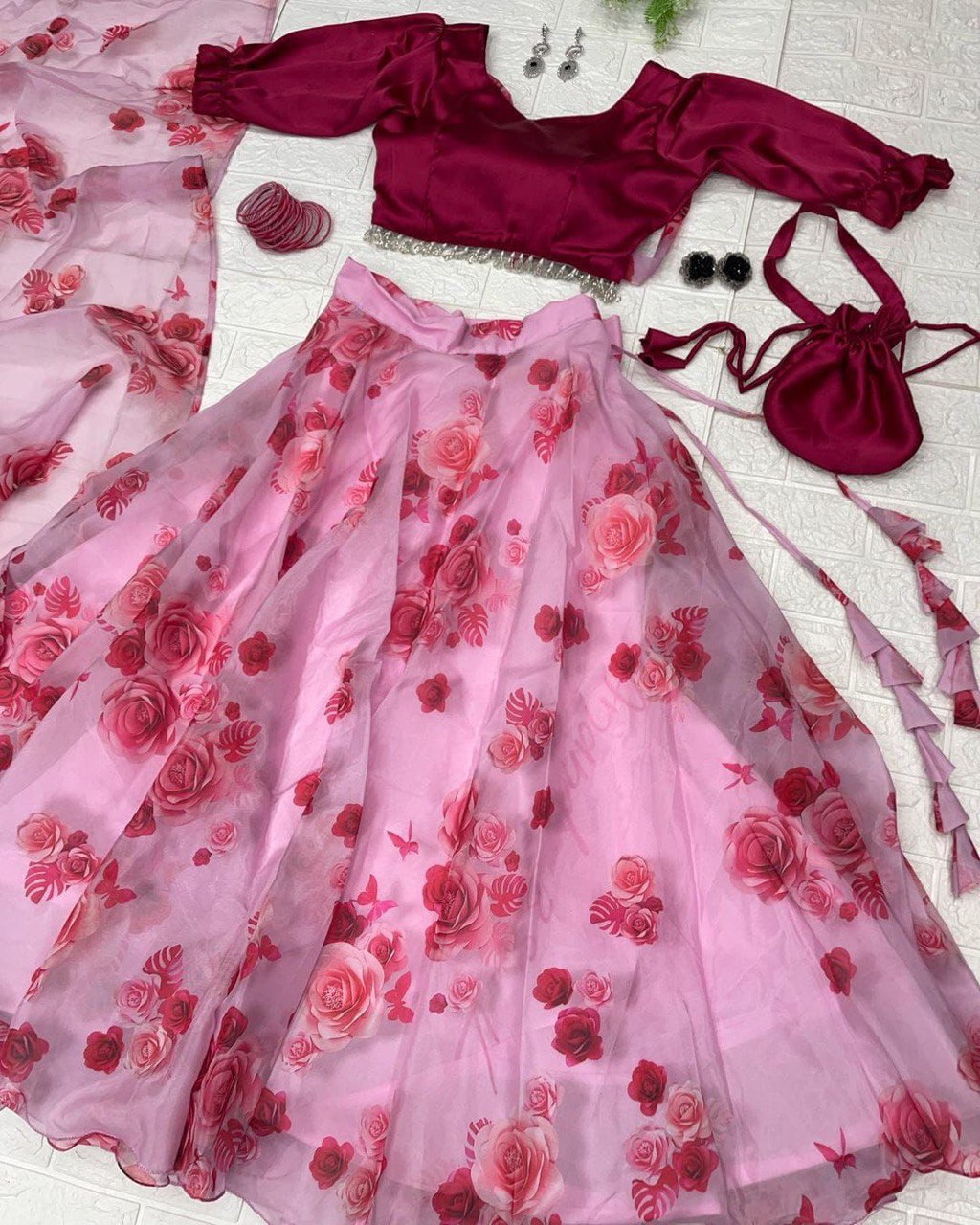 Lovely Pink Organza Silk Floral Digital Printed Lehenga Choli - INDIAN ELEGANCE