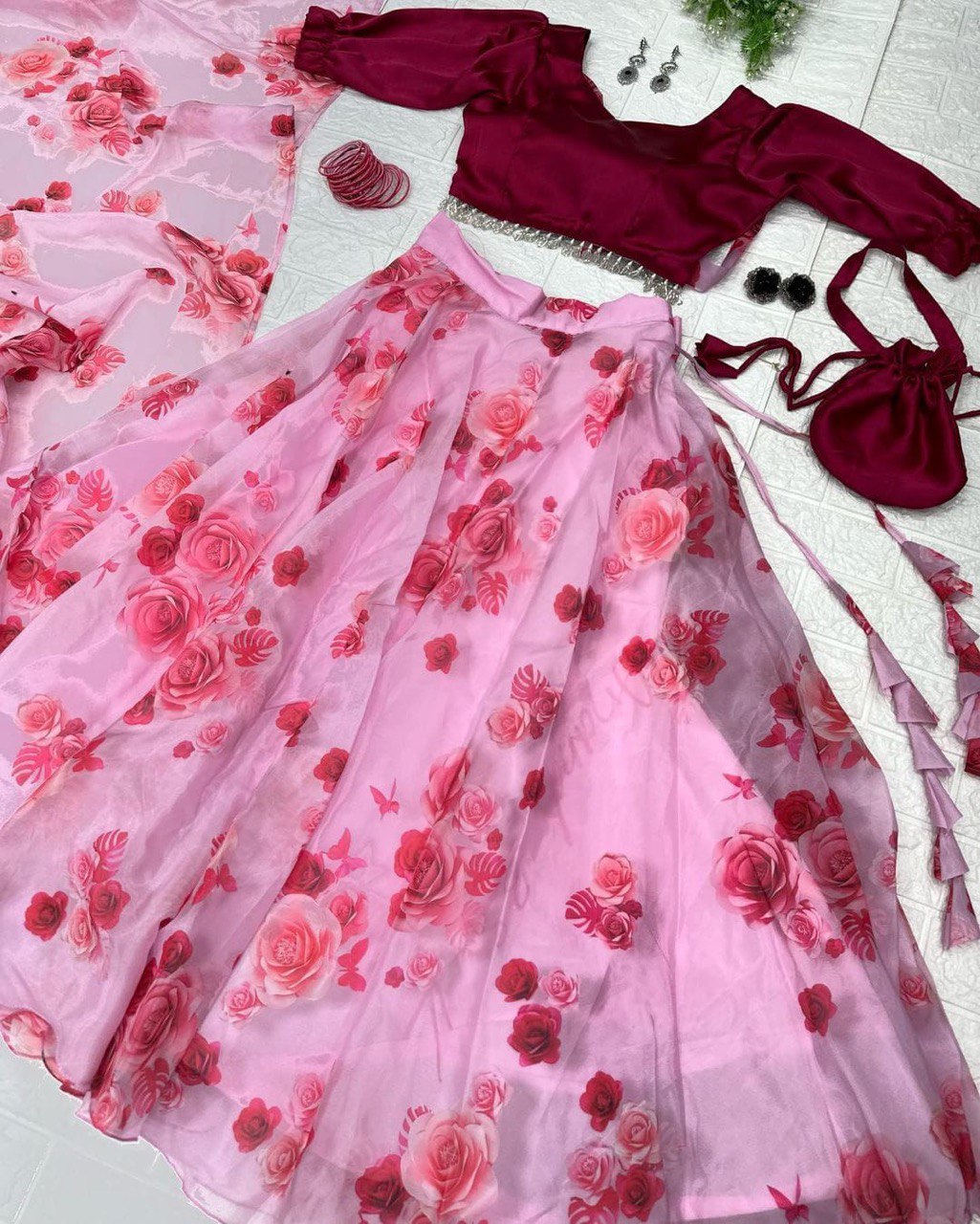 Lovely Pink Organza Silk Floral Digital Printed Lehenga Choli - INDIAN ELEGANCE