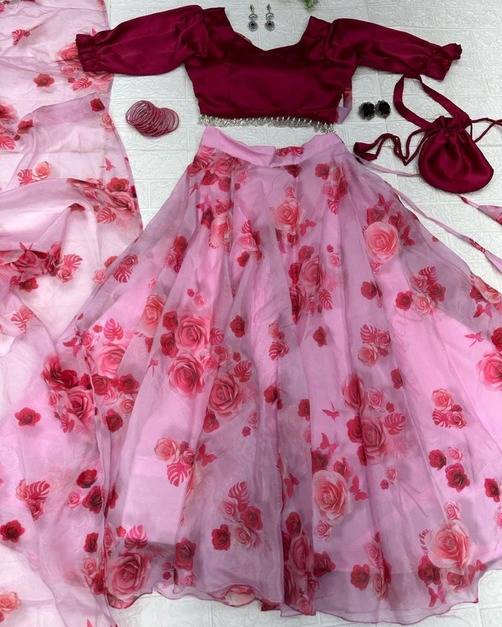 Lovely Pink Organza Silk Floral Digital Printed Lehenga Choli - INDIAN ELEGANCE