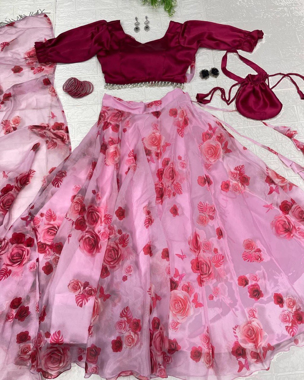 Lovely Pink Organza Silk Floral Digital Printed Lehenga Choli - INDIAN ELEGANCE