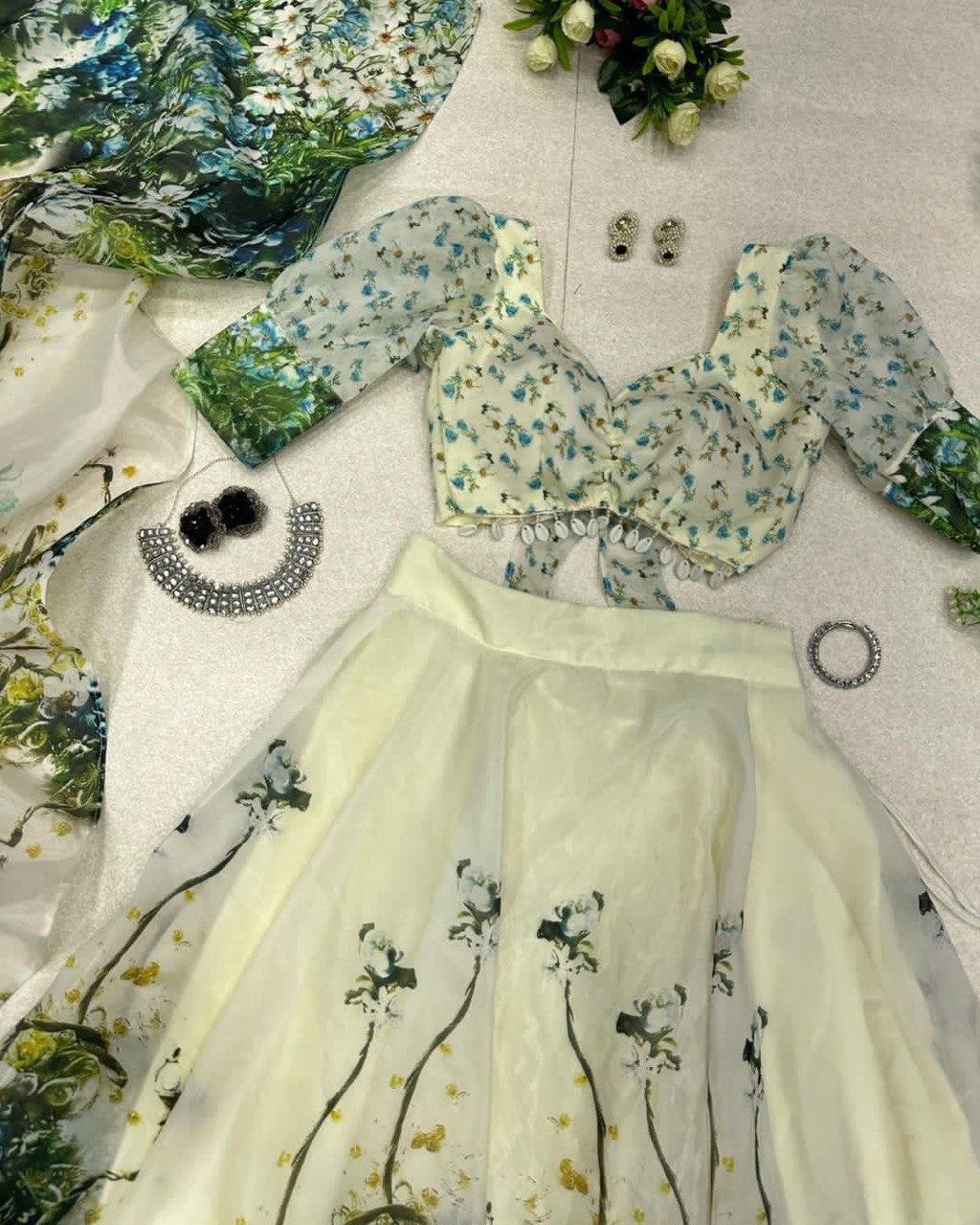 Graceful Pista Green Organza Silk Floral Printed Lehenga Choli Set - INDIAN ELEGANCE