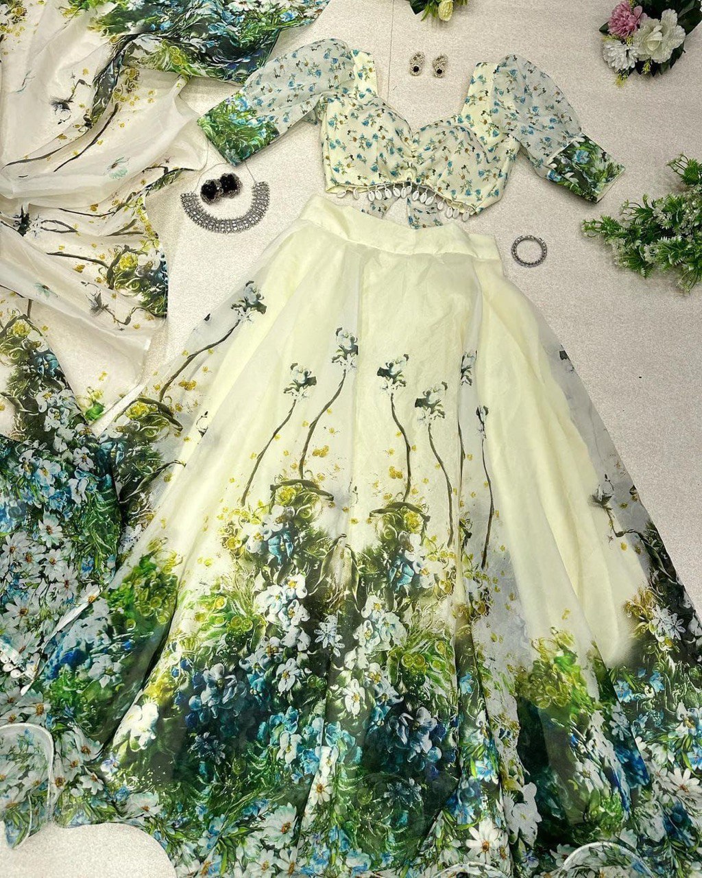 Graceful Pista Green Organza Silk Floral Printed Lehenga Choli Set - INDIAN ELEGANCE