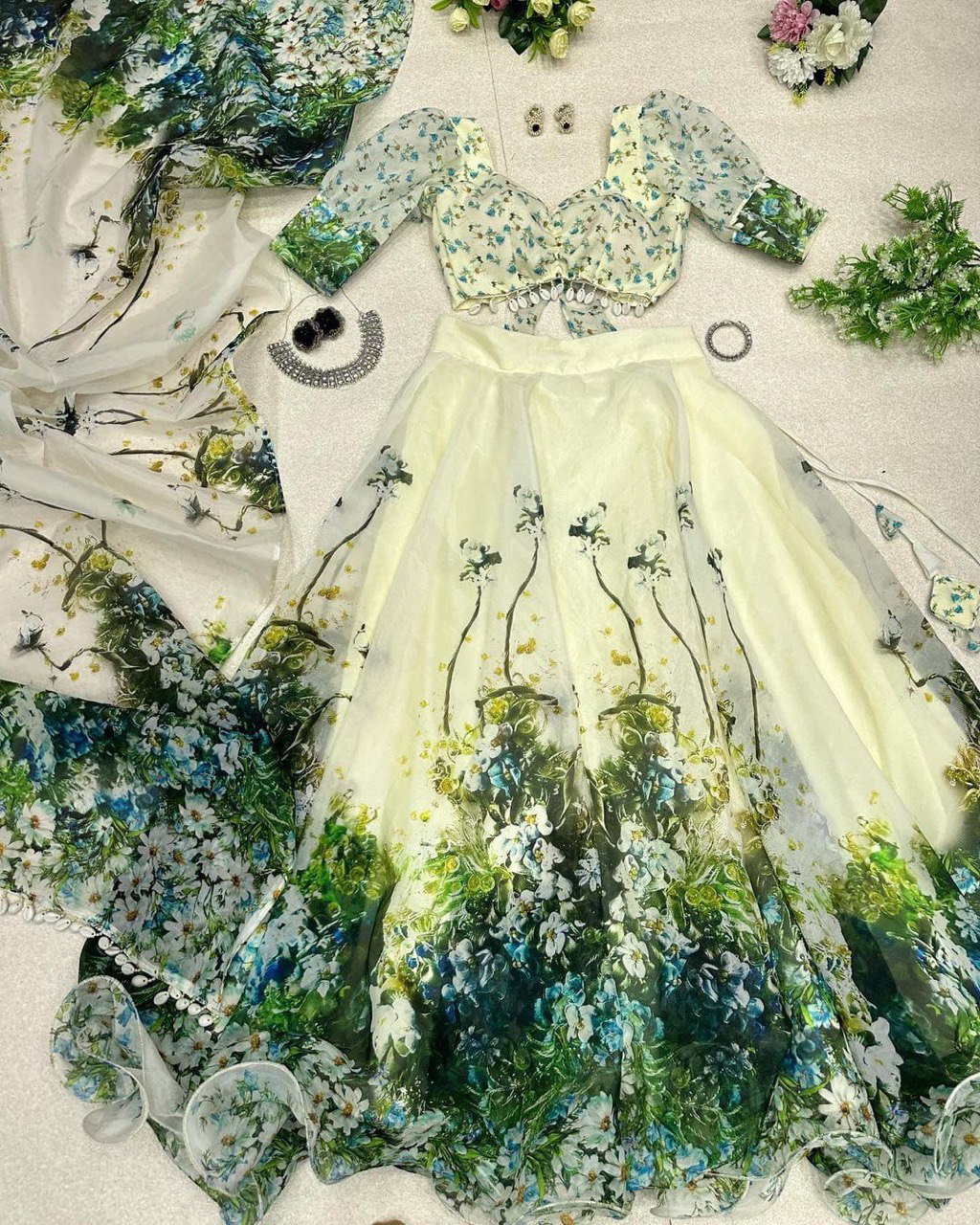 Graceful Pista Green Organza Silk Floral Printed Lehenga Choli Set - INDIAN ELEGANCE