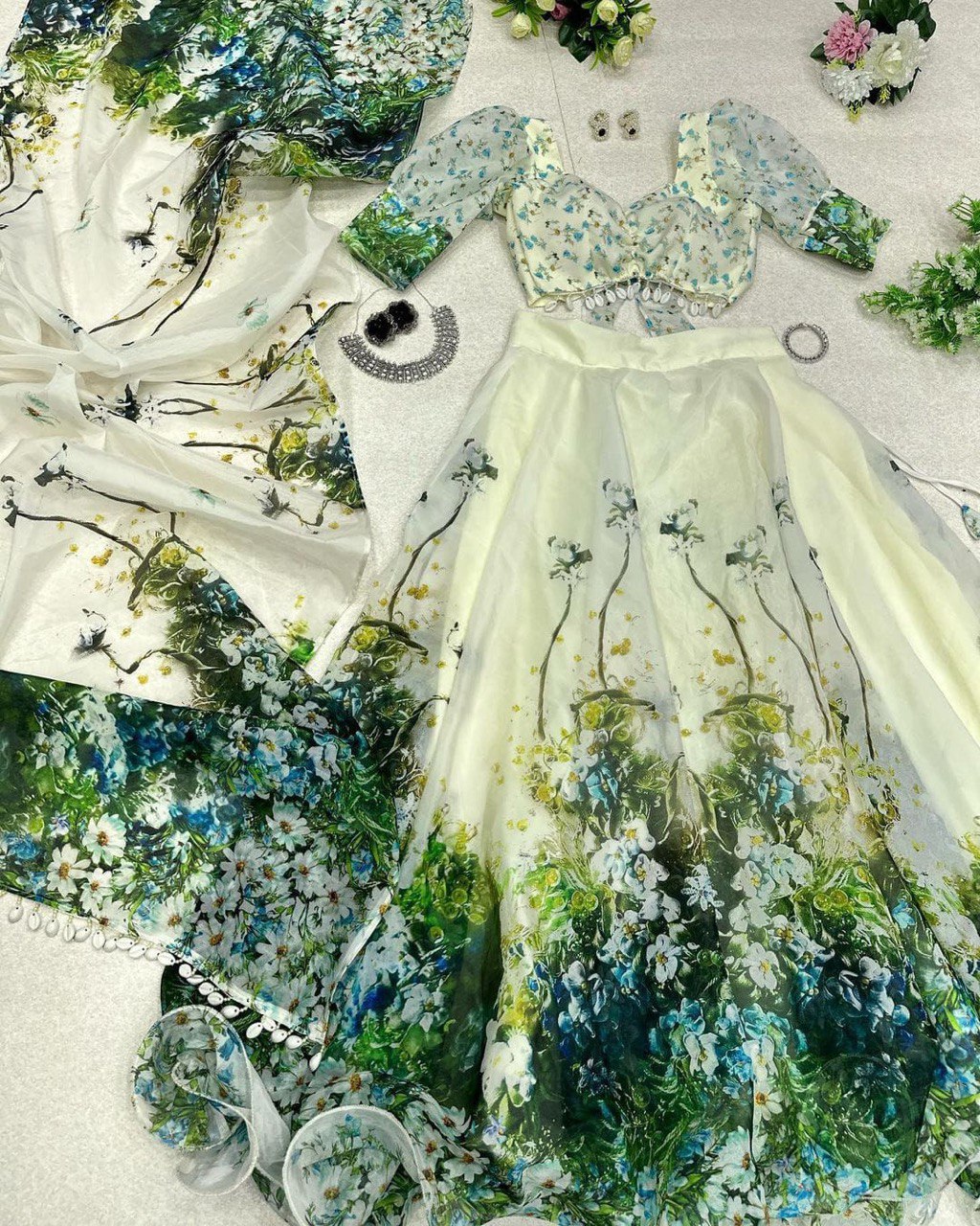 Graceful Pista Green Organza Silk Floral Printed Lehenga Choli Set - INDIAN ELEGANCE