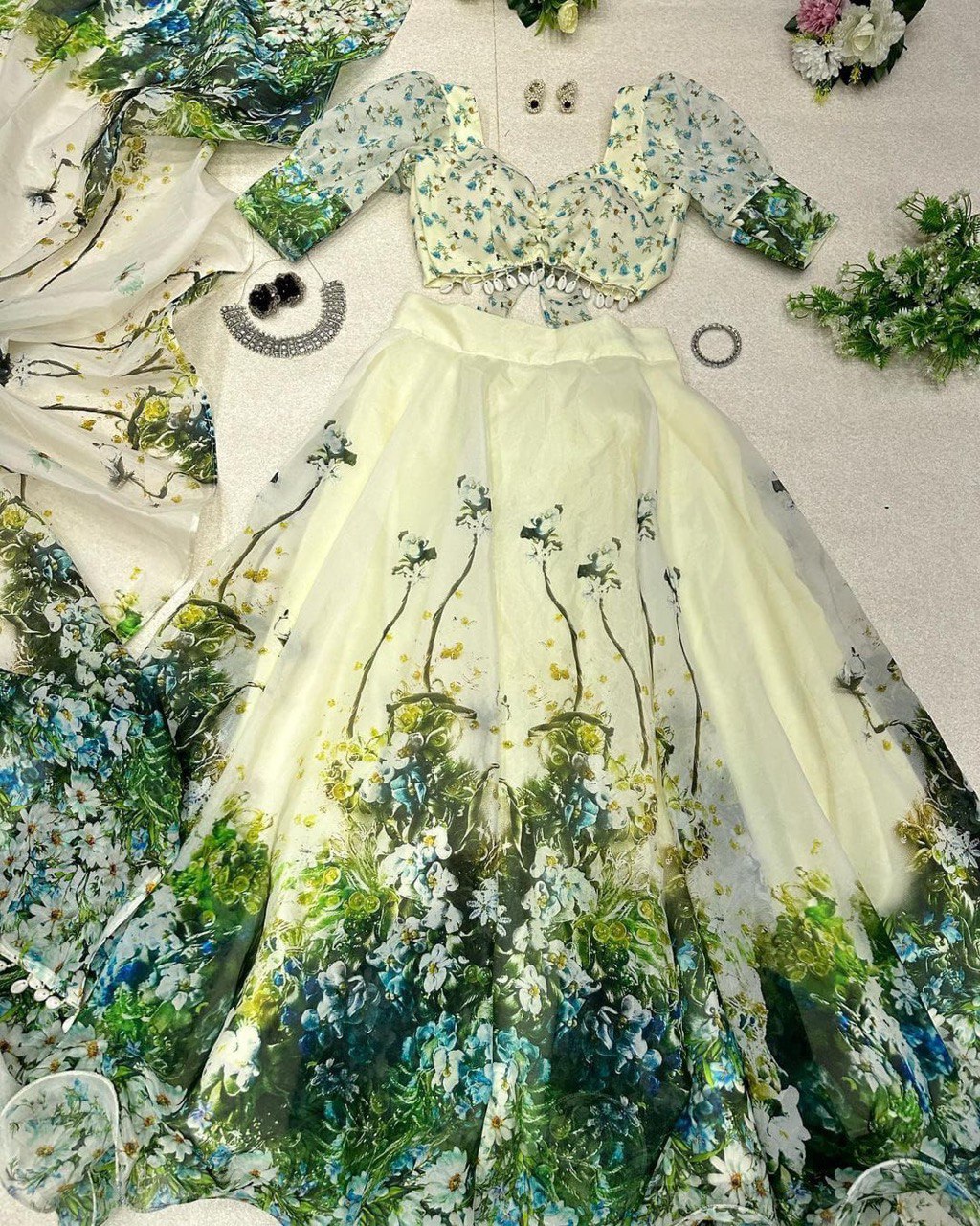 Graceful Pista Green Organza Silk Floral Printed Lehenga Choli Set - INDIAN ELEGANCE