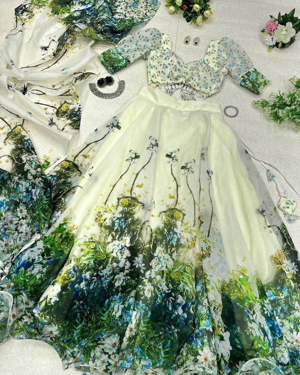 Graceful Pista Green Organza Silk Floral Printed Lehenga Choli Set - INDIAN ELEGANCE