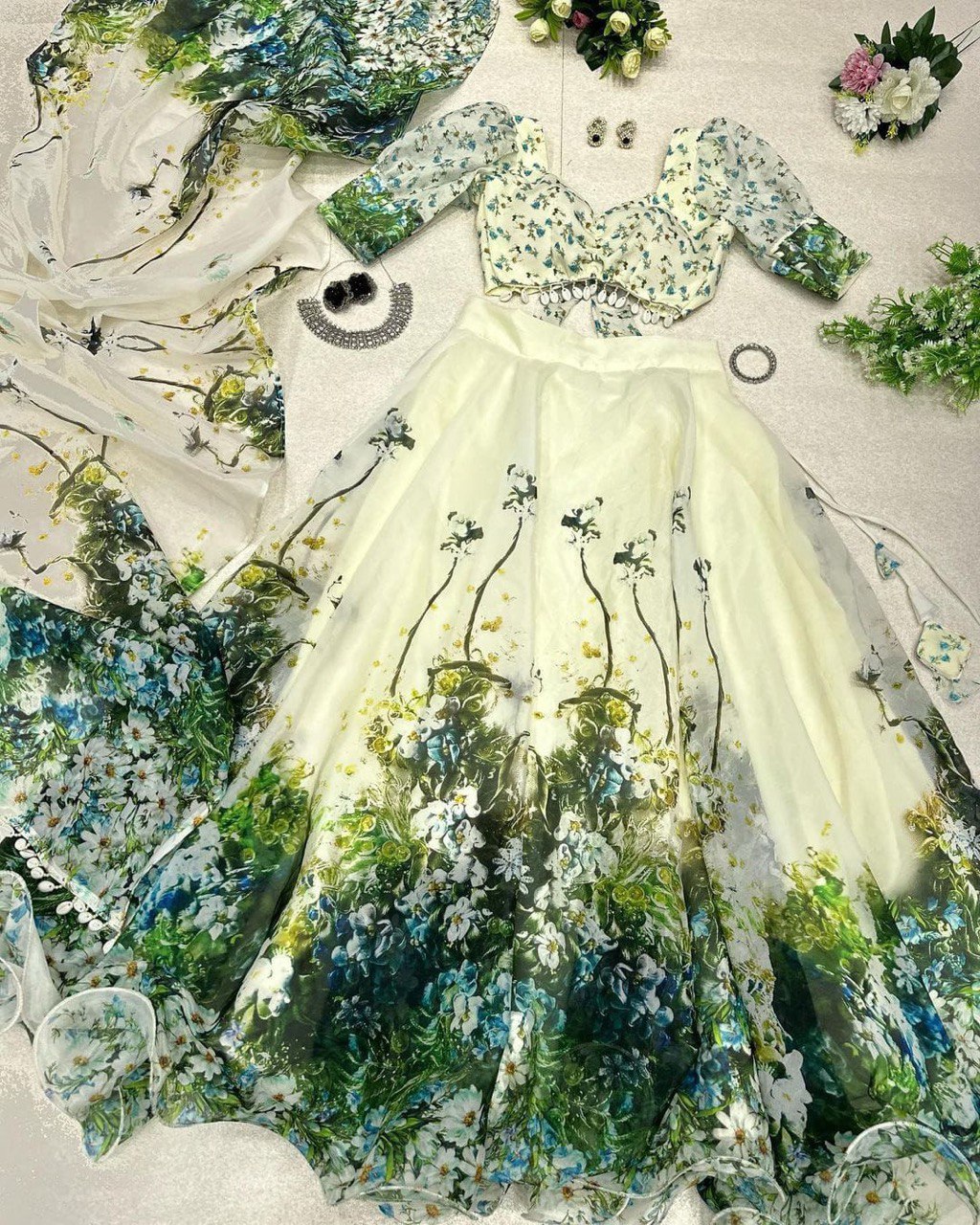 Graceful Pista Green Organza Silk Floral Printed Lehenga Choli Set - INDIAN ELEGANCE