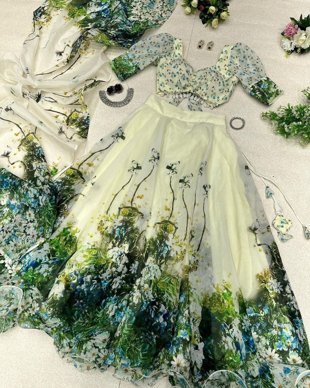 Graceful Pista Green Organza Silk Floral Printed Lehenga Choli Set - INDIAN ELEGANCE