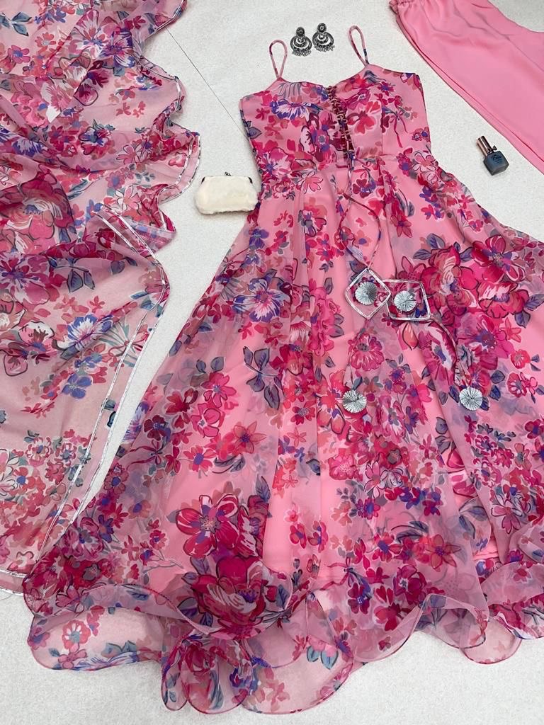 Magnificent Pink Georgette Silk Floral Digital Printed Anarkali Pant Suit - INDIAN ELEGANCE