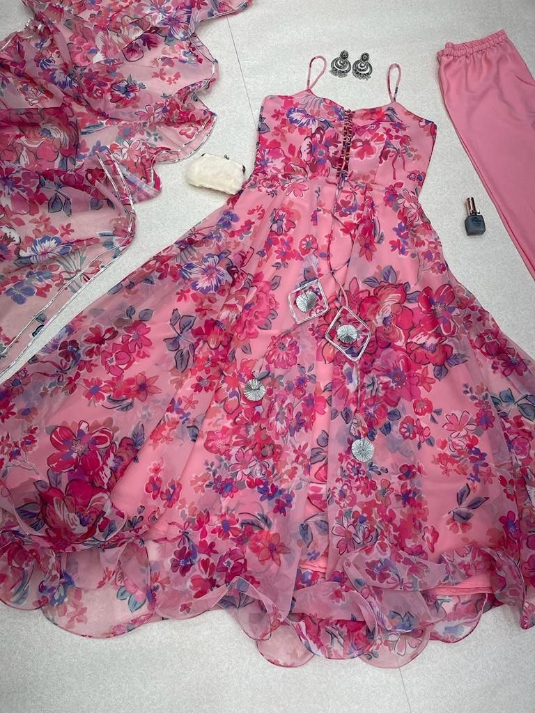 Magnificent Pink Georgette Silk Floral Digital Printed Anarkali Pant Suit - INDIAN ELEGANCE