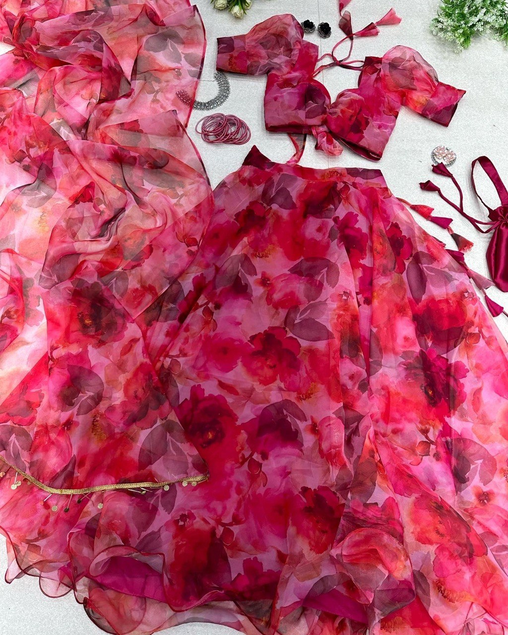 Ravishing Hot Pink Organza Silk Floral Printed Lehenga Choli Set - INDIAN ELEGANCE
