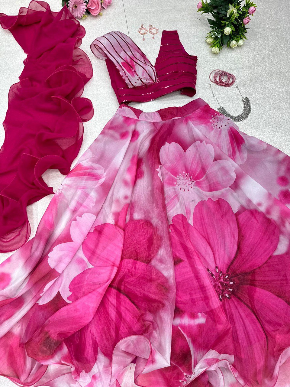 Fabulous Beautiful Flower Printed Organza Silk Lehenga Choli - INDIAN ELEGANCE